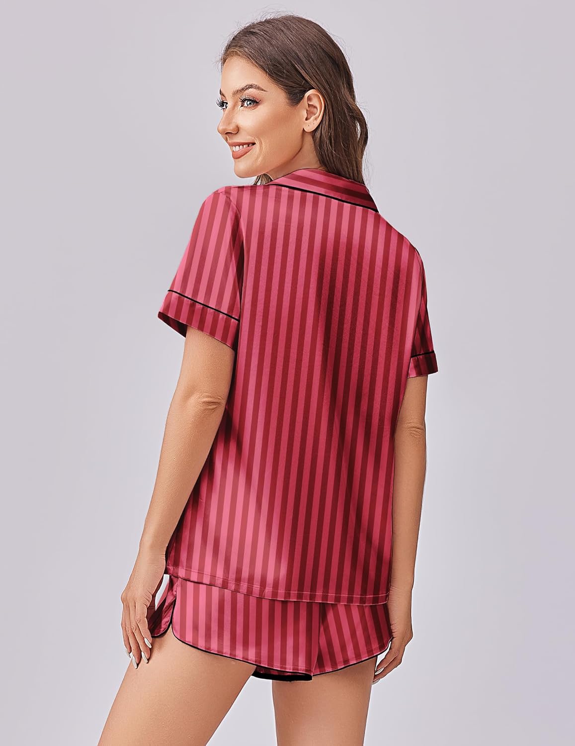 Fuchsia striped satin pajama set with matching shorts, button-up top back view