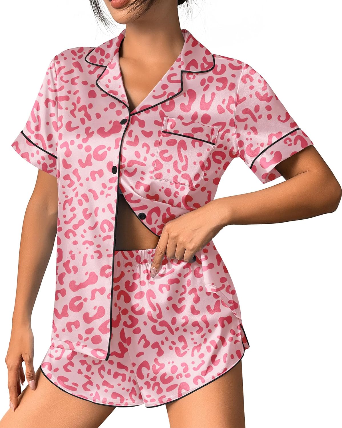 Pink leopard-print satin pajama set with button-front top and matching elastic shorts