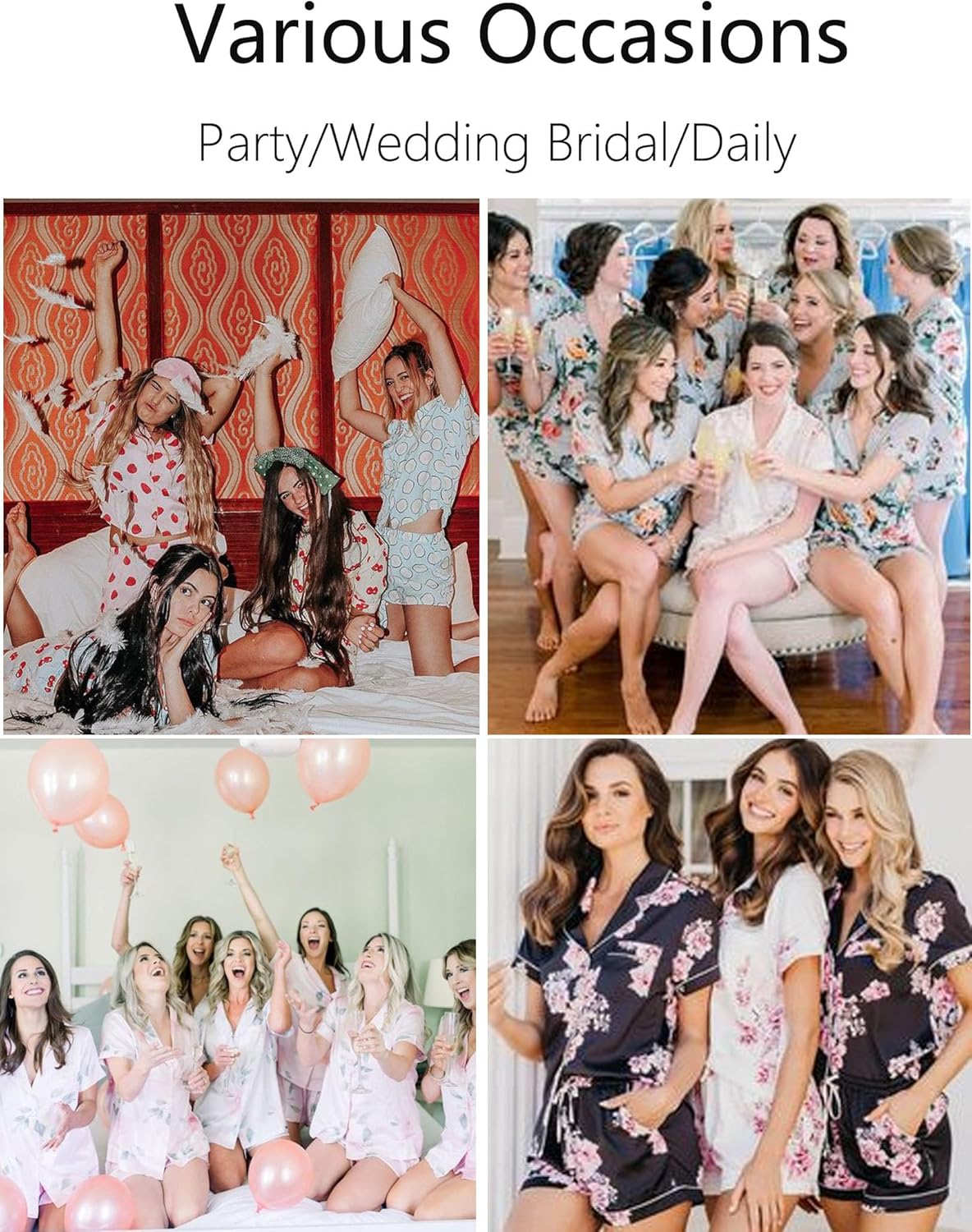 Women wearing white satin pajama sets in group party and wedding scenes
