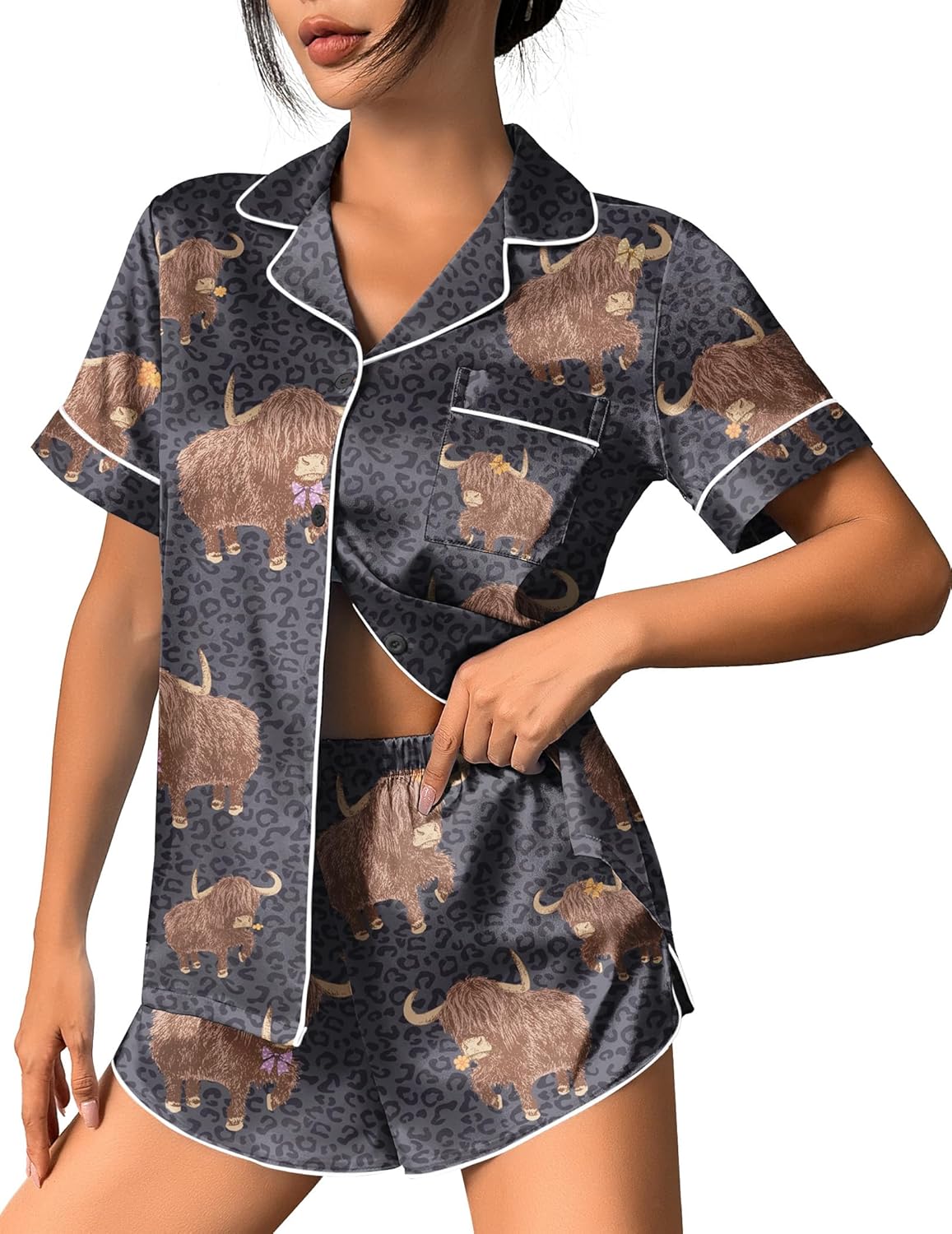 Grey satin pajama set with leopard print, button-front top and matching shorts