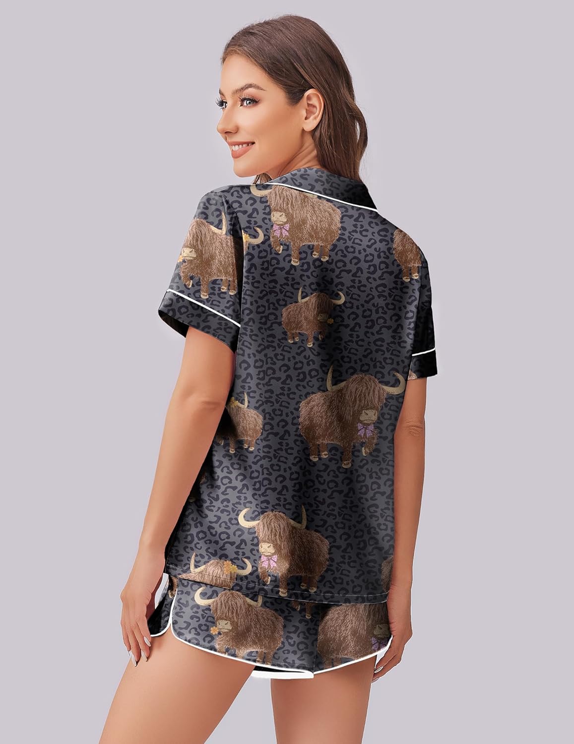 Back view of grey leopard-print pajama set with button-front shirt and shorts