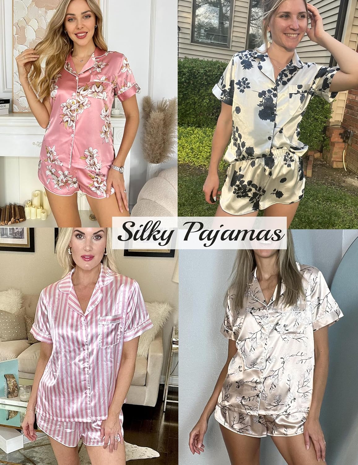 Silk satin pajama set variants collage: pink floral, blue print, striped sets