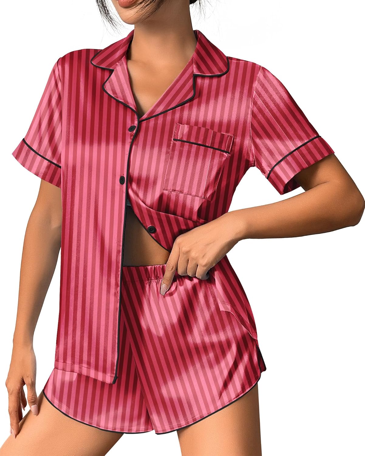 Fuchsia striped satin pajama set with button-front top and matching shorts, contrast trim