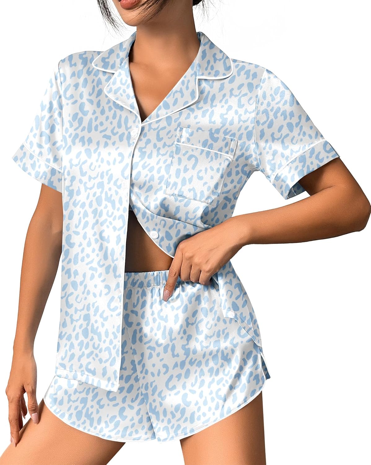 Light blue leopard print satin pajama set, button-down shirt and matching shorts
