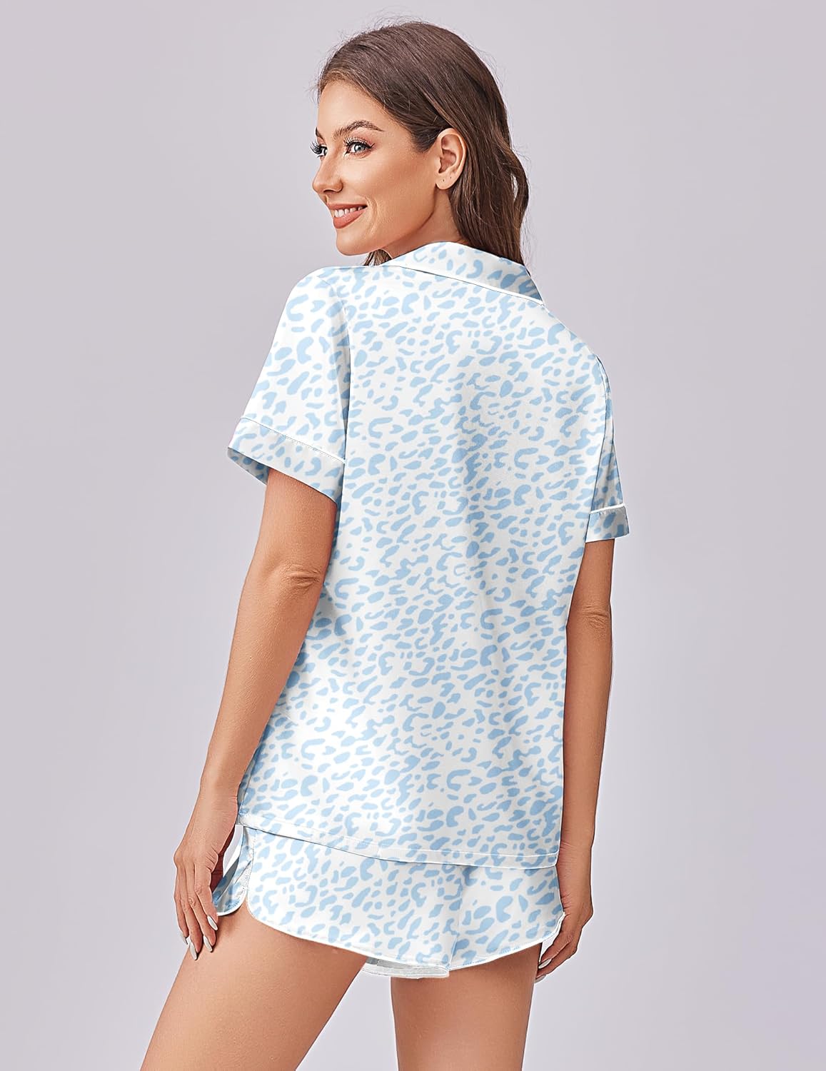 Light blue leopard print pajama set, short-sleeve shirt and shorts from the back