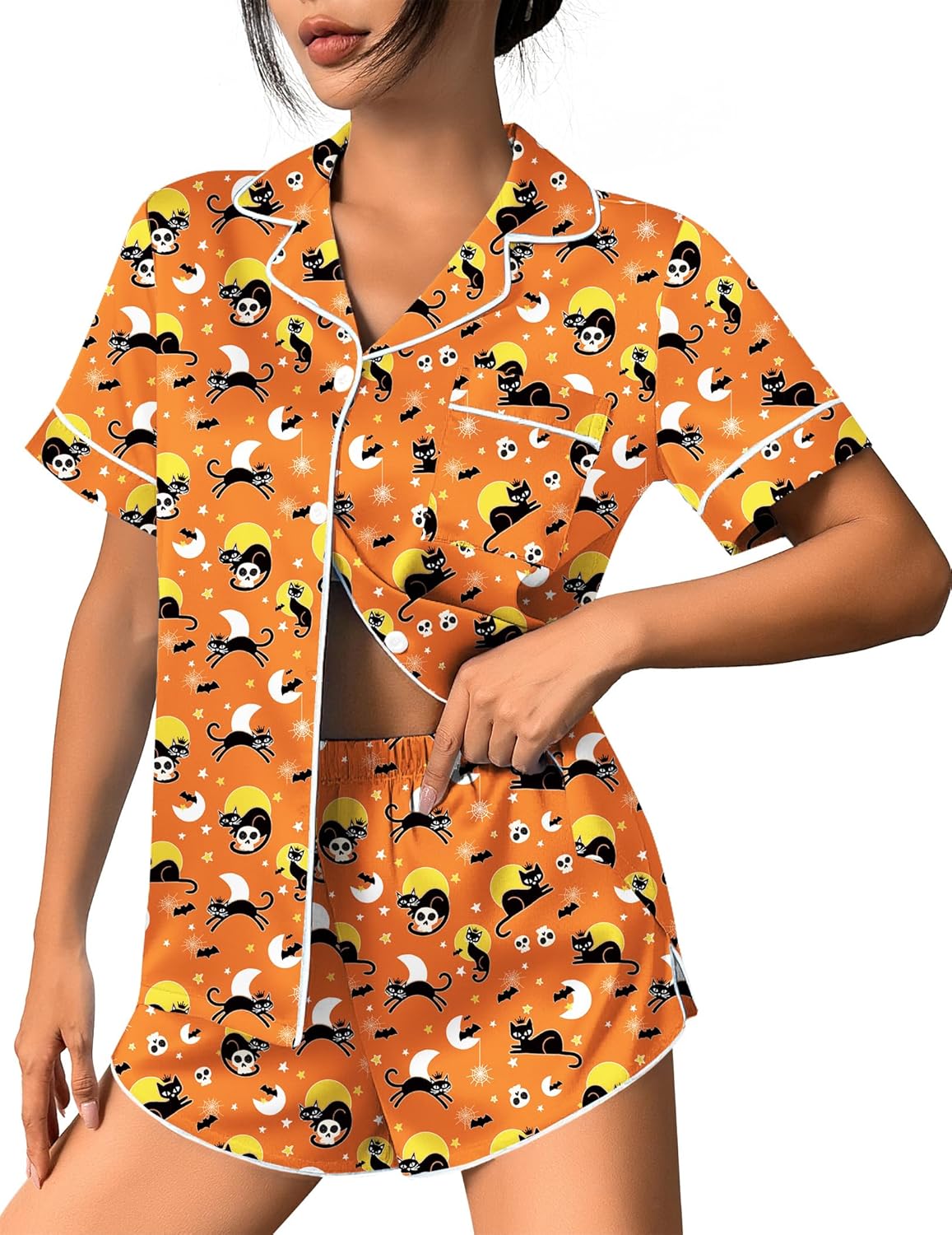 Orange Halloween skull cat print silk satin pajama set, button-up top and shorts