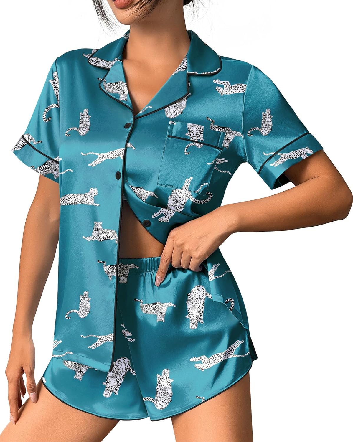 Turquoise satin pajama set, short-sleeve button-up top and boxer shorts with dog print