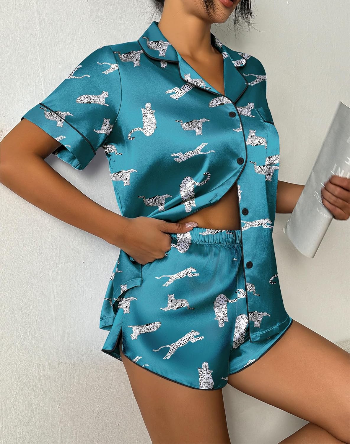 Turquoise satin pajama set with dog-print short button-up and elastic-waist shorts