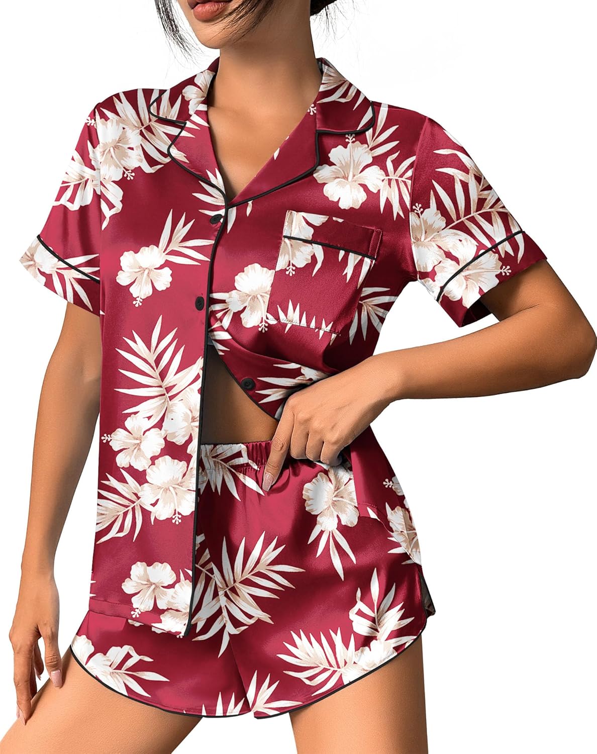 Burgundy satin pajama set with tropical flower print button-up top and matching shorts
