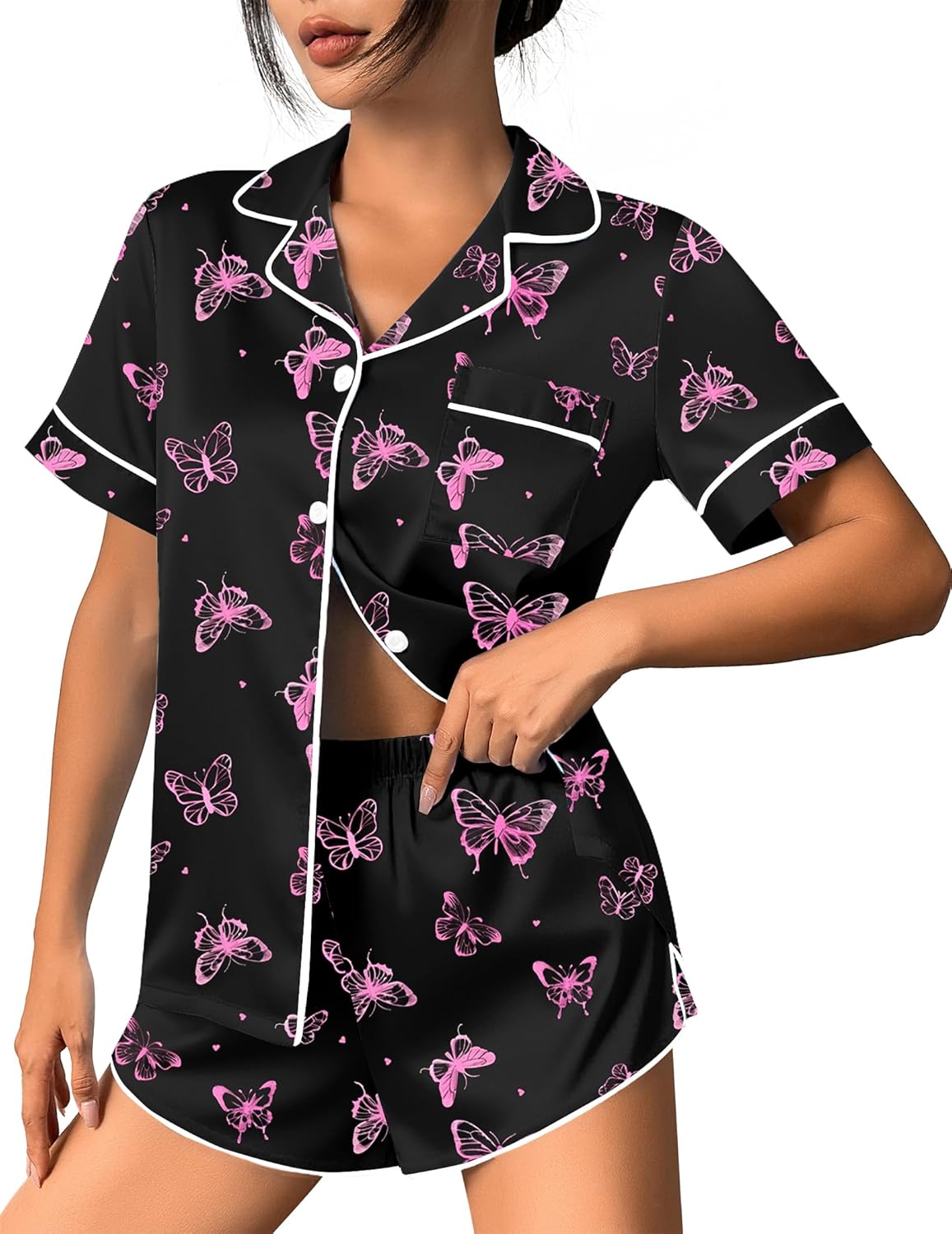 Black pajama set with pink butterflies pattern, short-sleeve button top and matching shorts