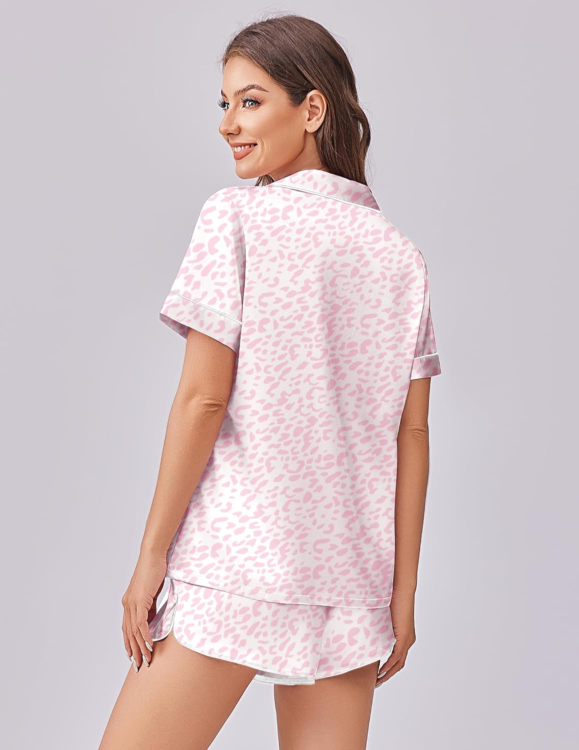 Leopard print pajama set, short-sleeve button-up top with matching shorts (back view)