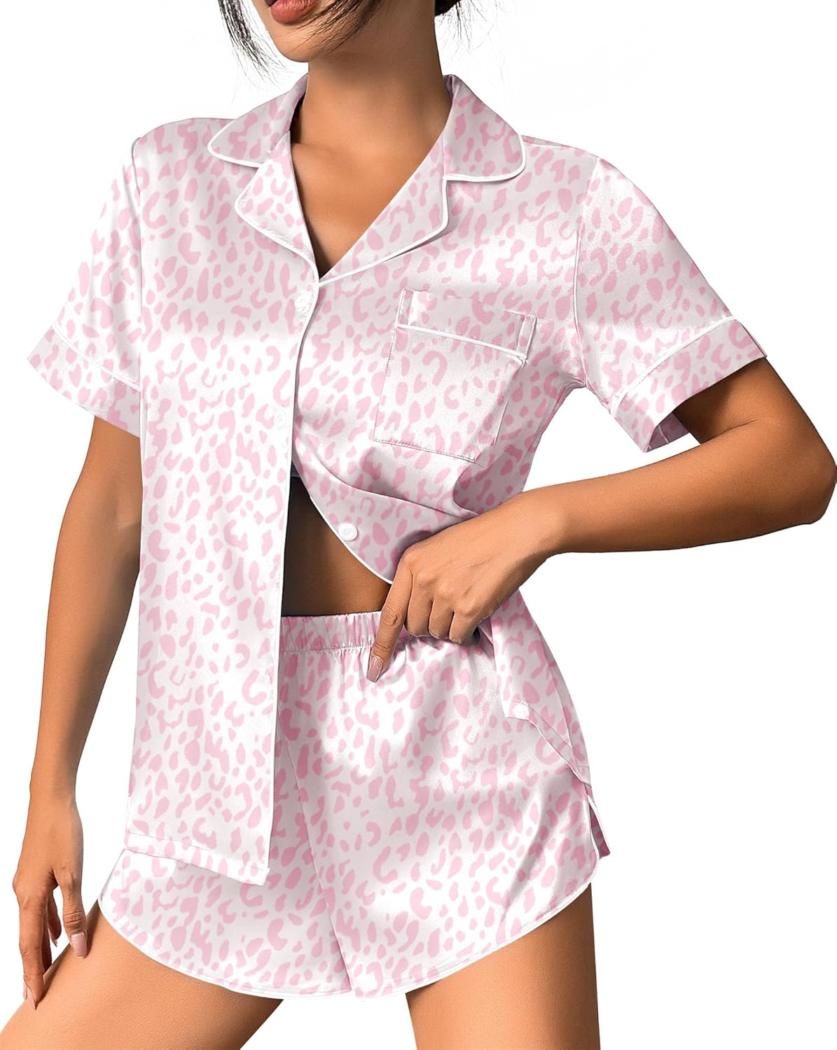 White-and-pink leopard print silk satin pajama set, short-sleeve button-up and shorts
