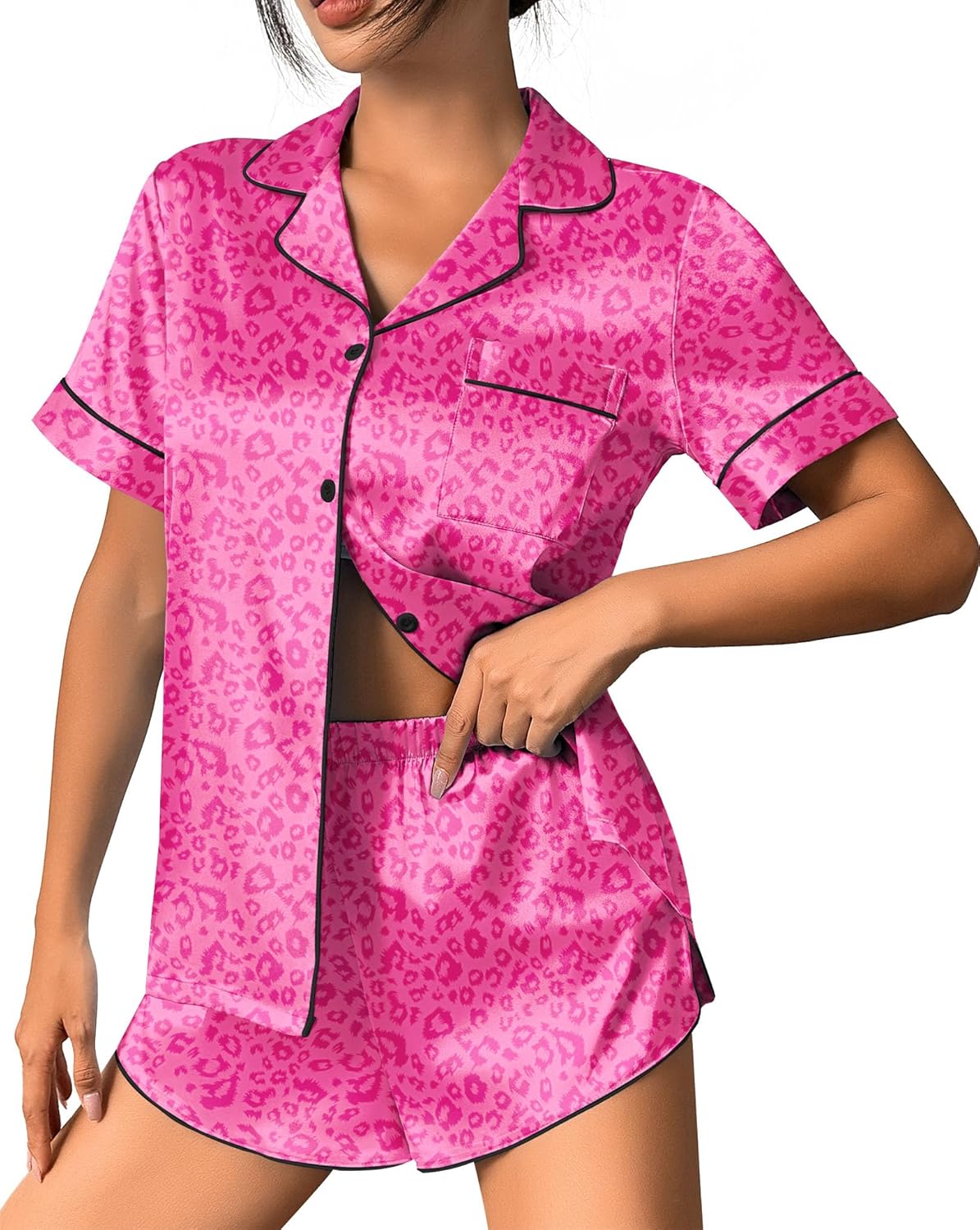 Pink leopard satin pajama set, short-sleeve button top with contrast trim, shorts
