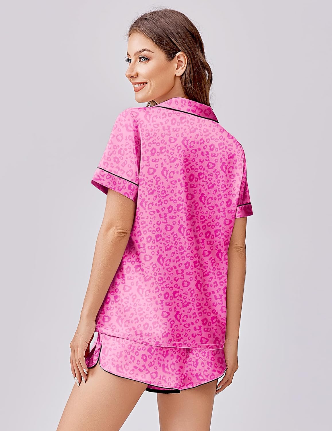 Pink leopard pajama top and shorts set, collared button front, side hem