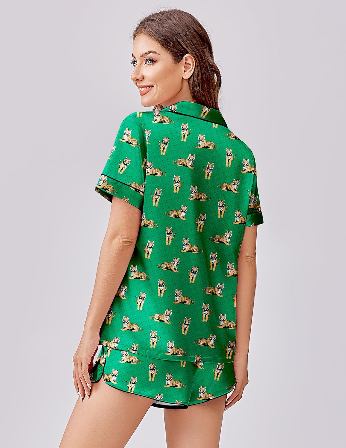Green dog print satin pajama set, button-front top and matching shorts, all-over pattern