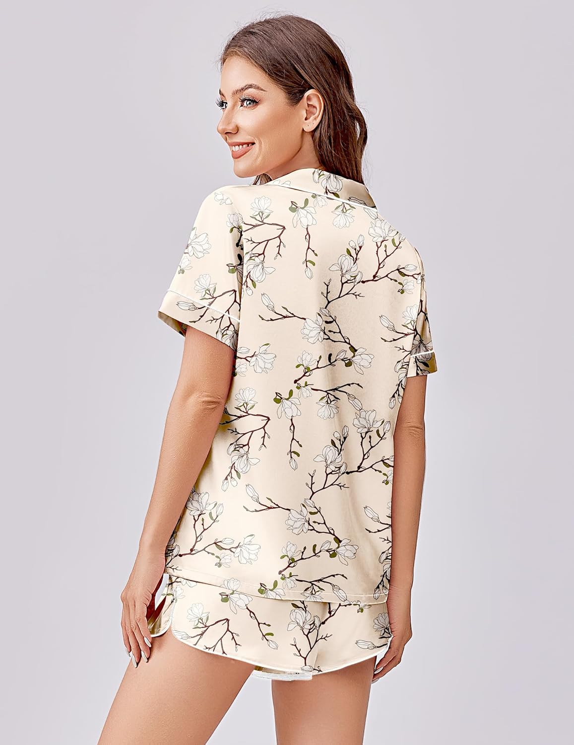 Cream floral branch print satin pajama set, button-front top and matching shorts, back view