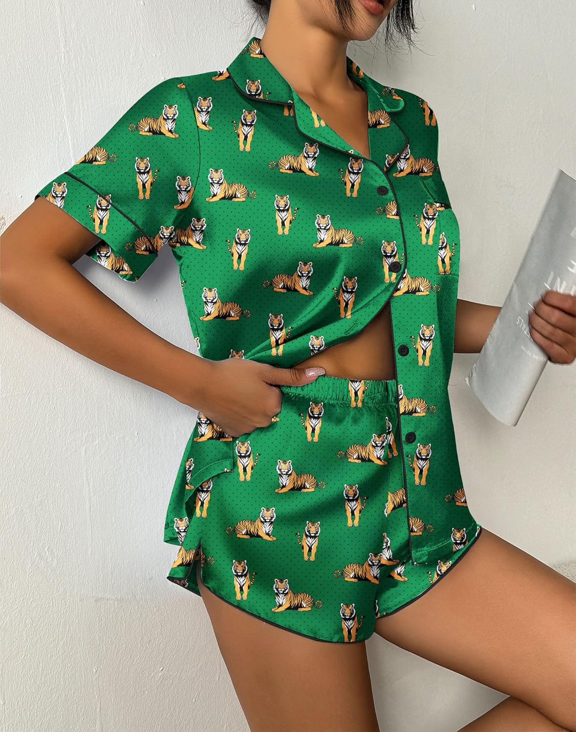 Green dog pattern satin pajama top and shorts set, button-front and elastic waist