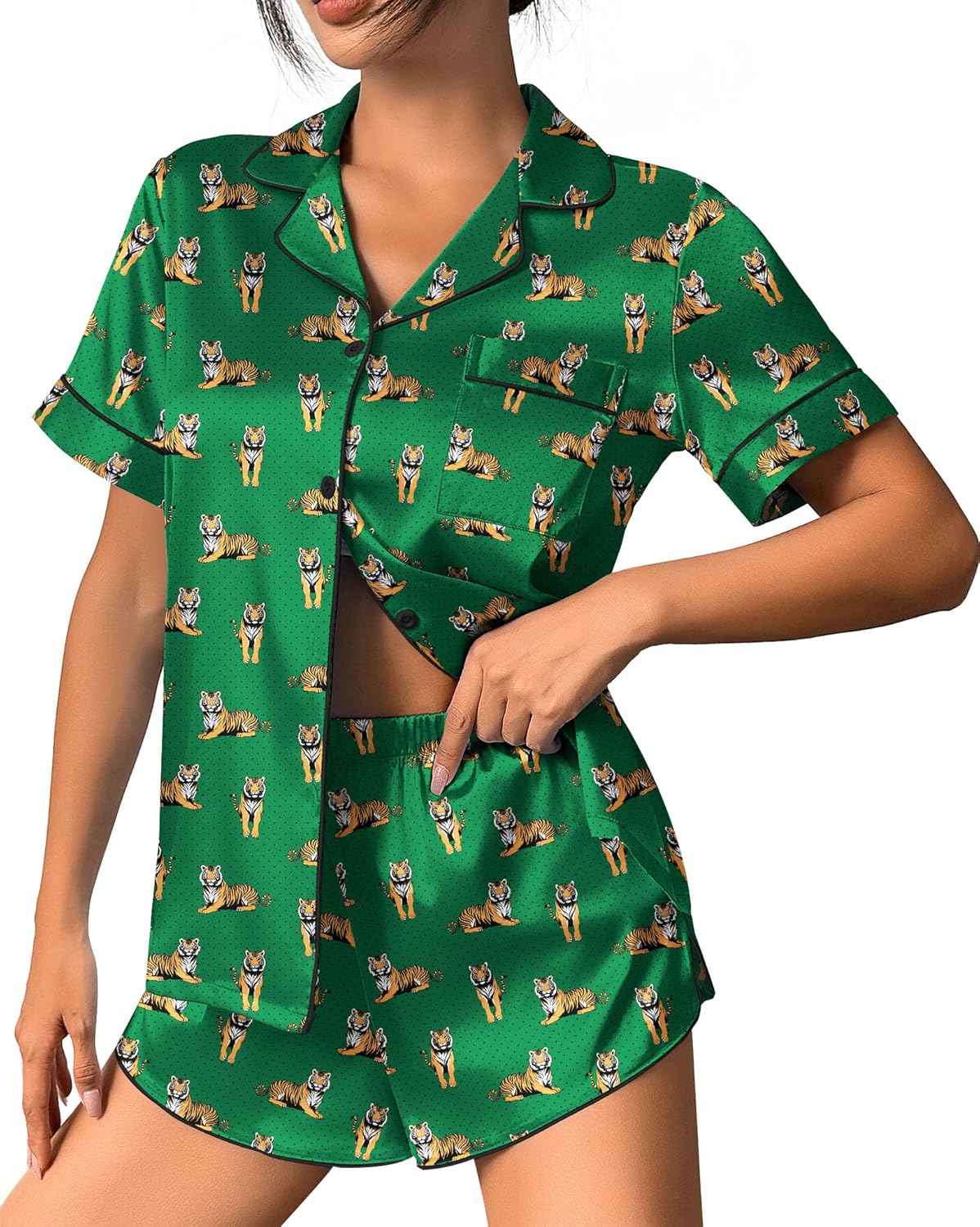 Green dog print silk pajama set, button-front top with elastic-waist shorts