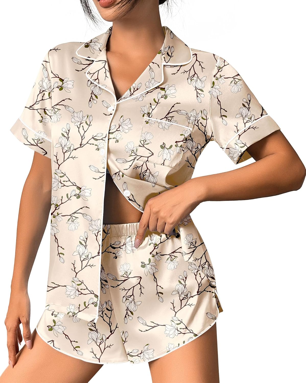 Light cream floral branch print satin pajama set, button-front top and matching shorts