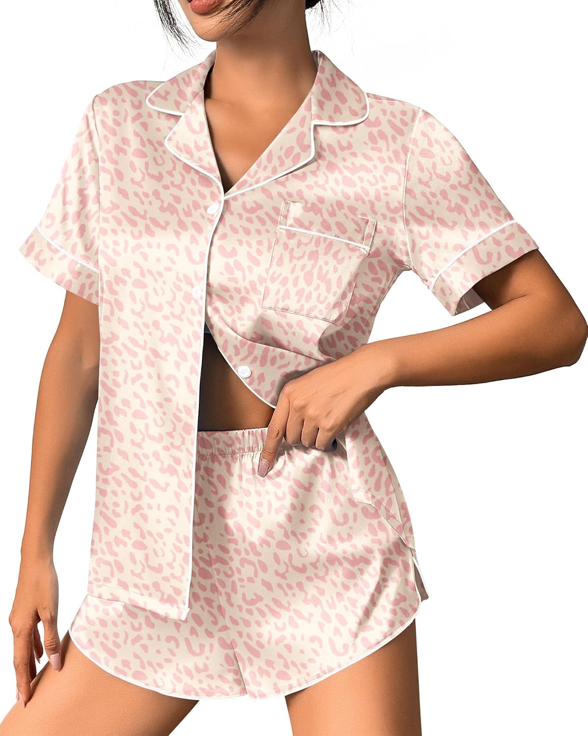 Pink leopard print satin pajama set, button-front top and matching shorts