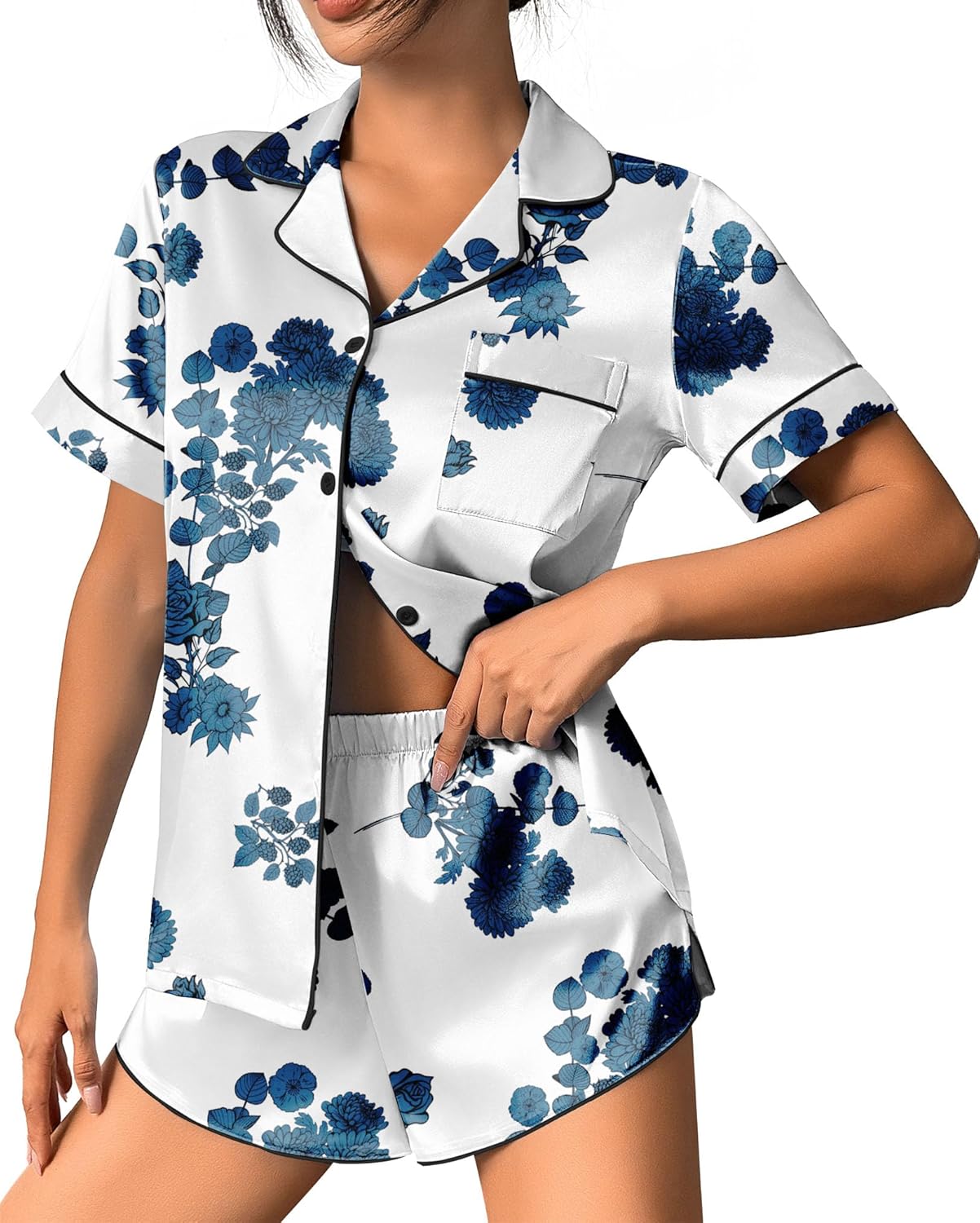 Silk-satin pajama set with white button-up shirt and blue floral print shorts