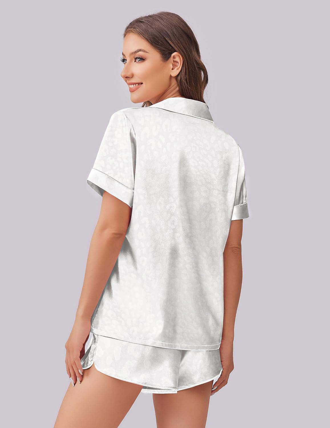 White satin pajama set, short-sleeve button shirt and shorts from the back