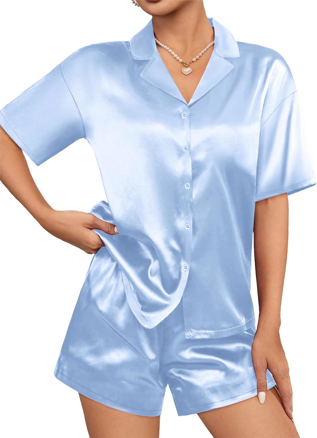 Silk satin pajama set in light blue: short-sleeve button shirt with matching shorts