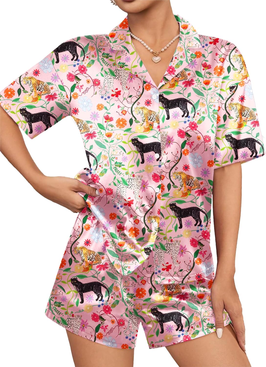 Colorful floral zebra-print satin pajama set with short-sleeve button shirt and matching shorts