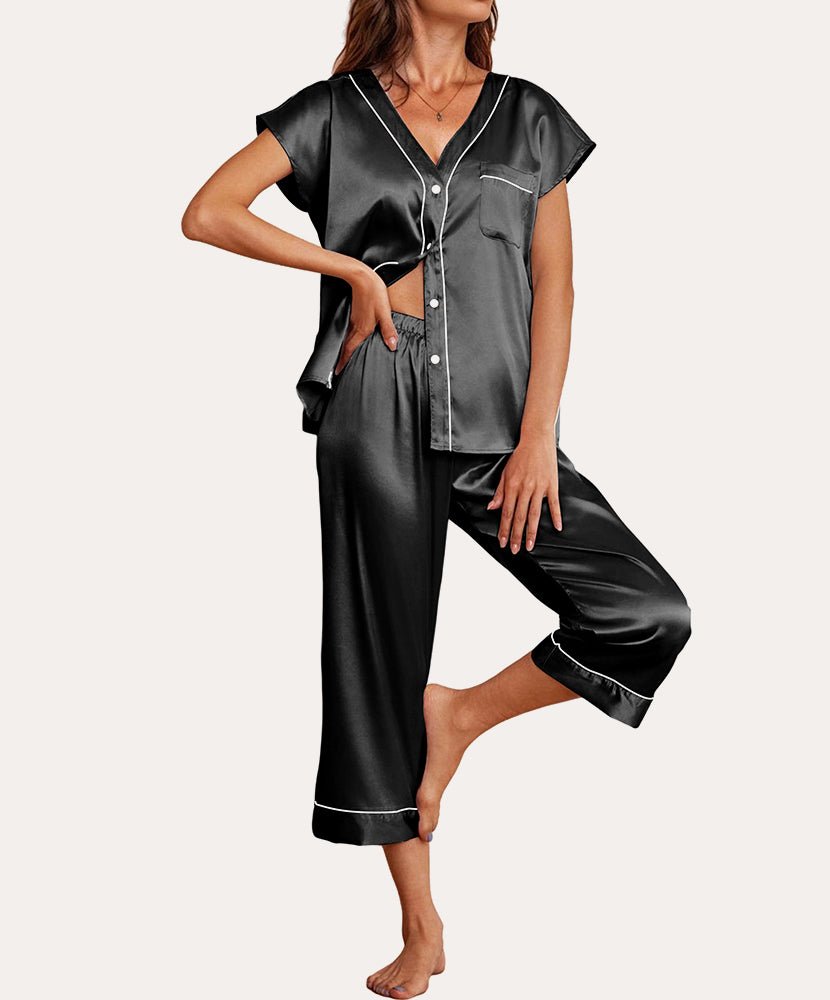 Black silk satin pajama set, V-neck button top with chest pocket and cropped capri pants