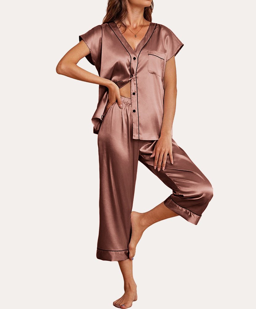 Brown silk satin pajama set, V-neck button-front top with chest pocket and capri pants