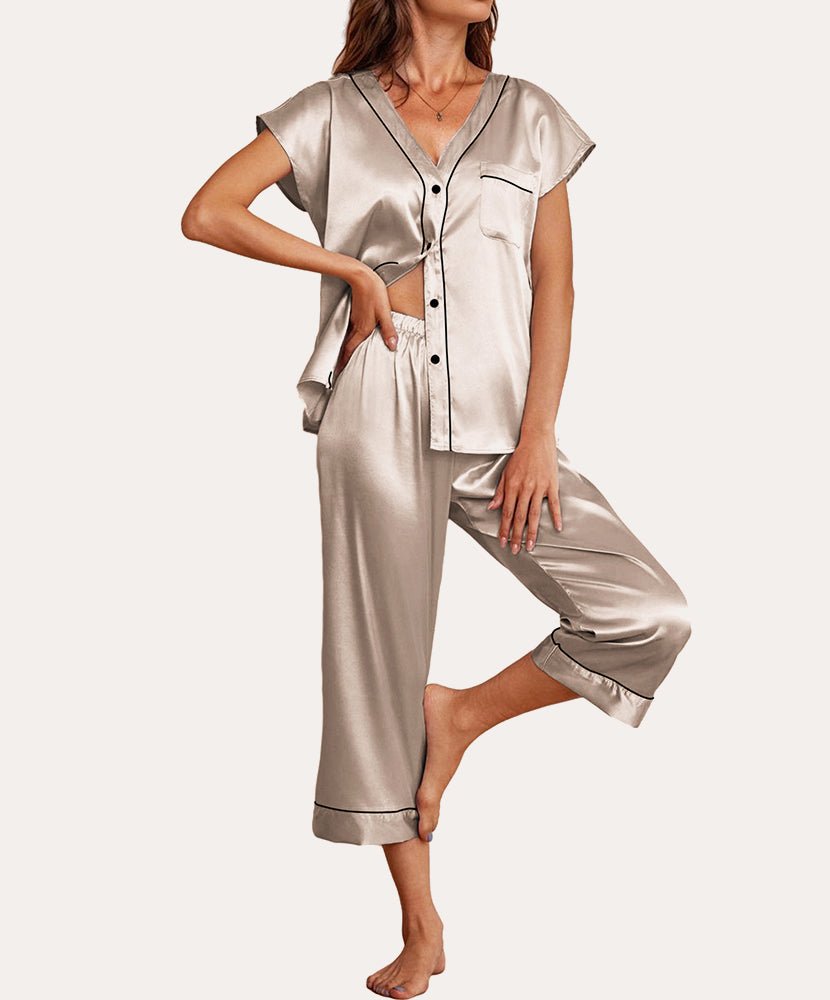 Khaki silk satin pajama set, V-neck button top with chest pocket and cropped capri pants