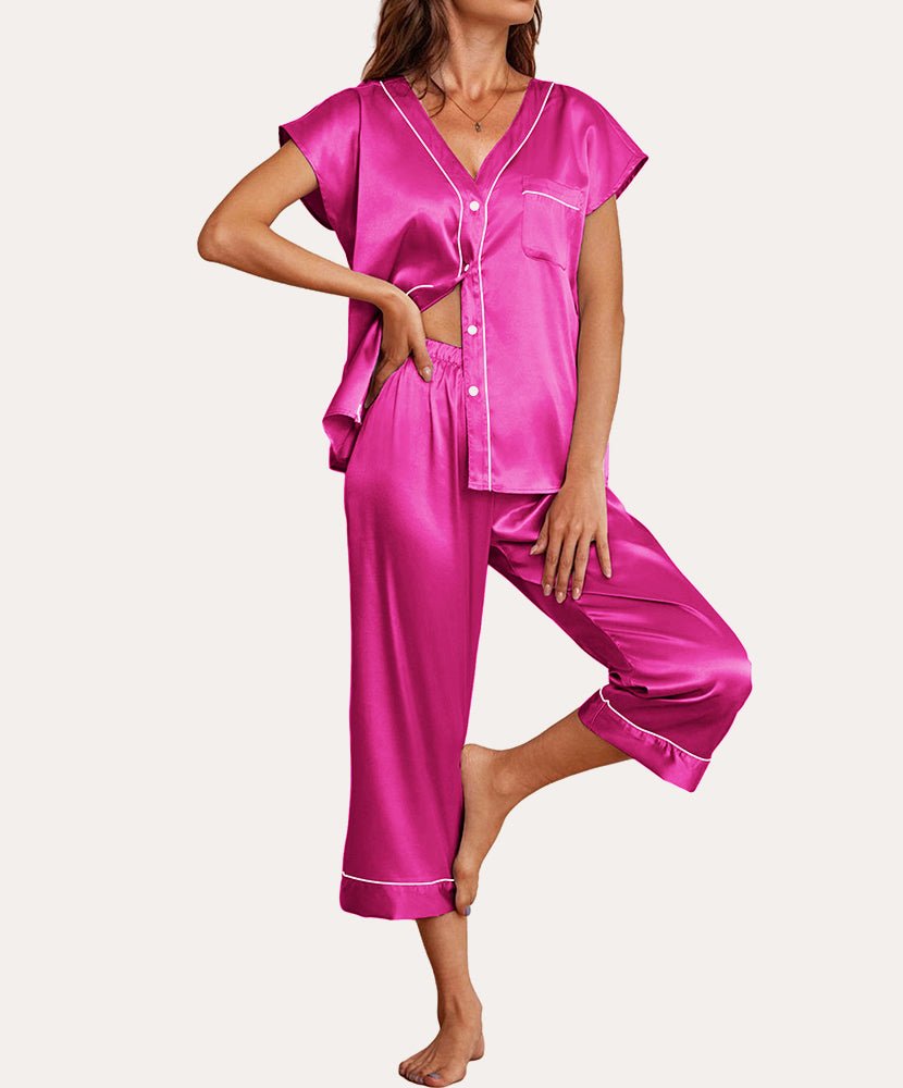 Hot pink silk satin pajama set, V-neck button top and cropped capri pants with trim