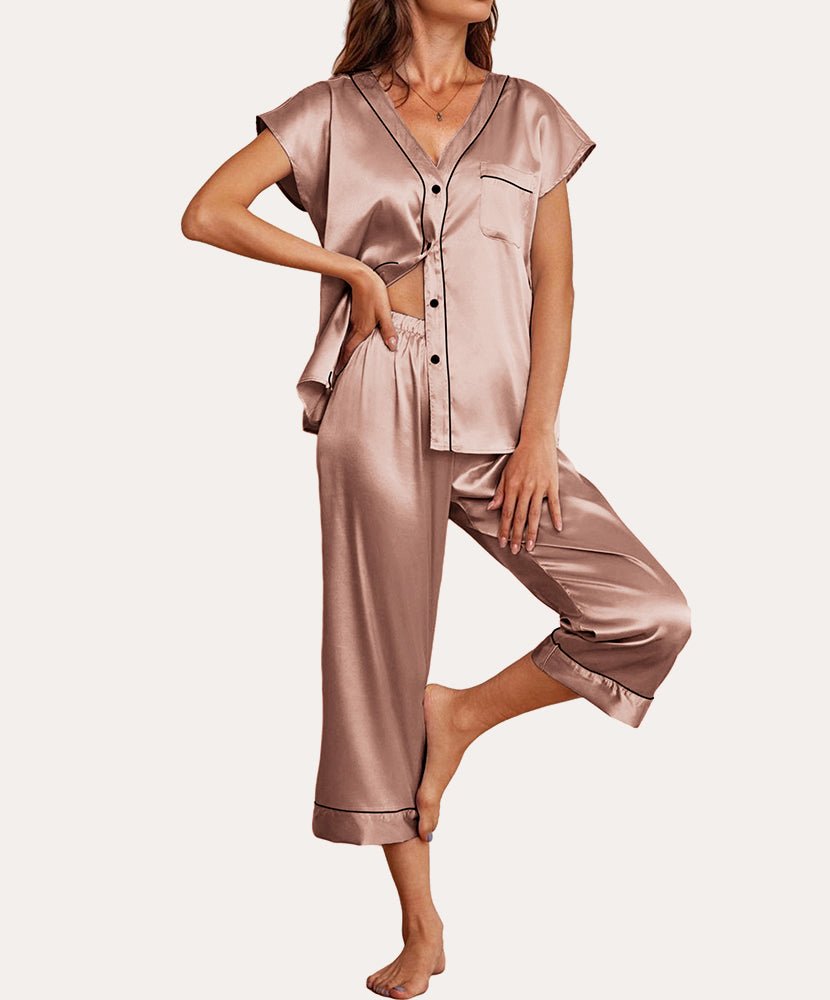 Champagne silk satin pajama set, V-neck button top with chest pocket and capri pants
