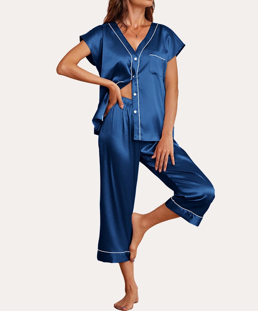 Silk satin pajama set, navy button-front top and cropped pants with contrast piping