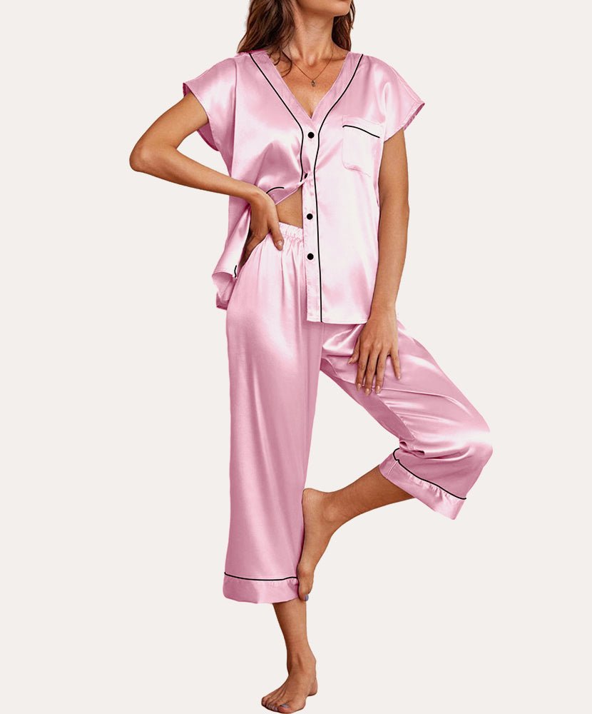 Silk satin pajama set, pink button-front top and cropped pants with contrast piping