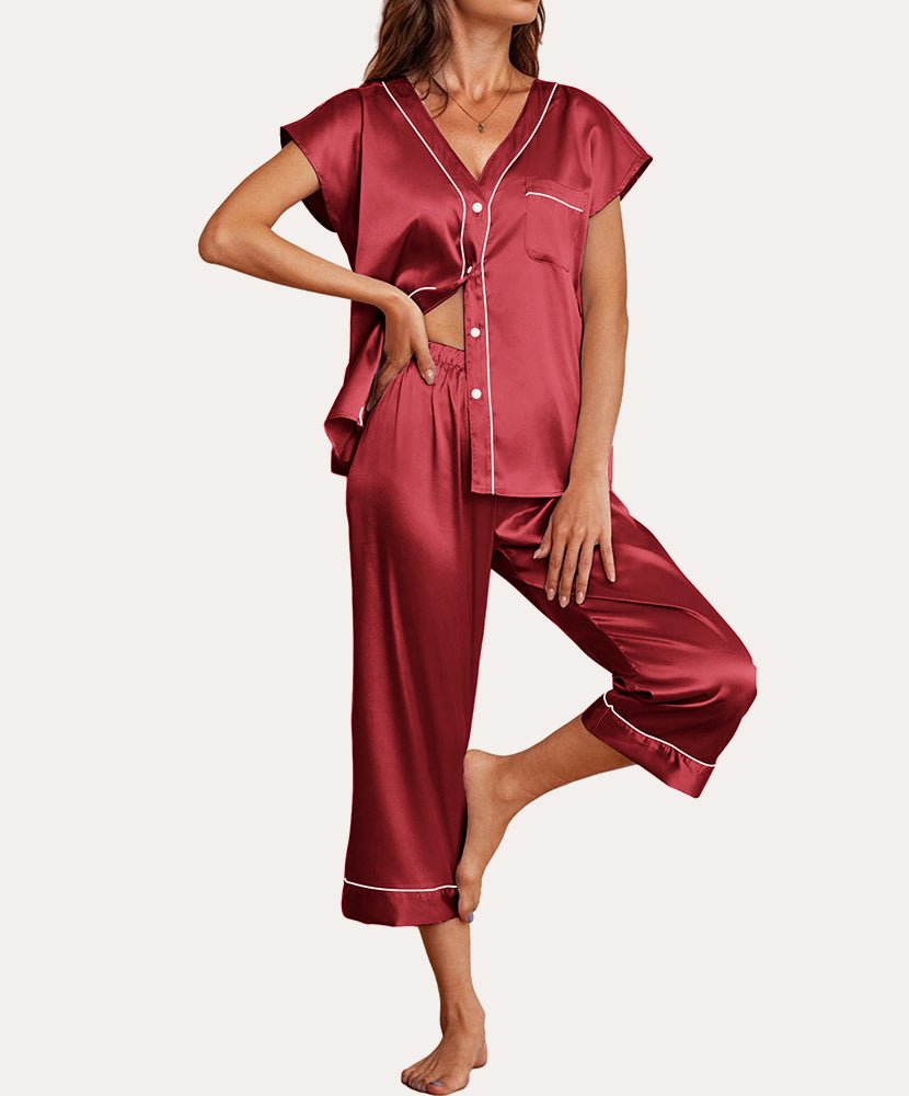 Silk satin pajama set, burgundy button-front top and cropped pants with contrast trim
