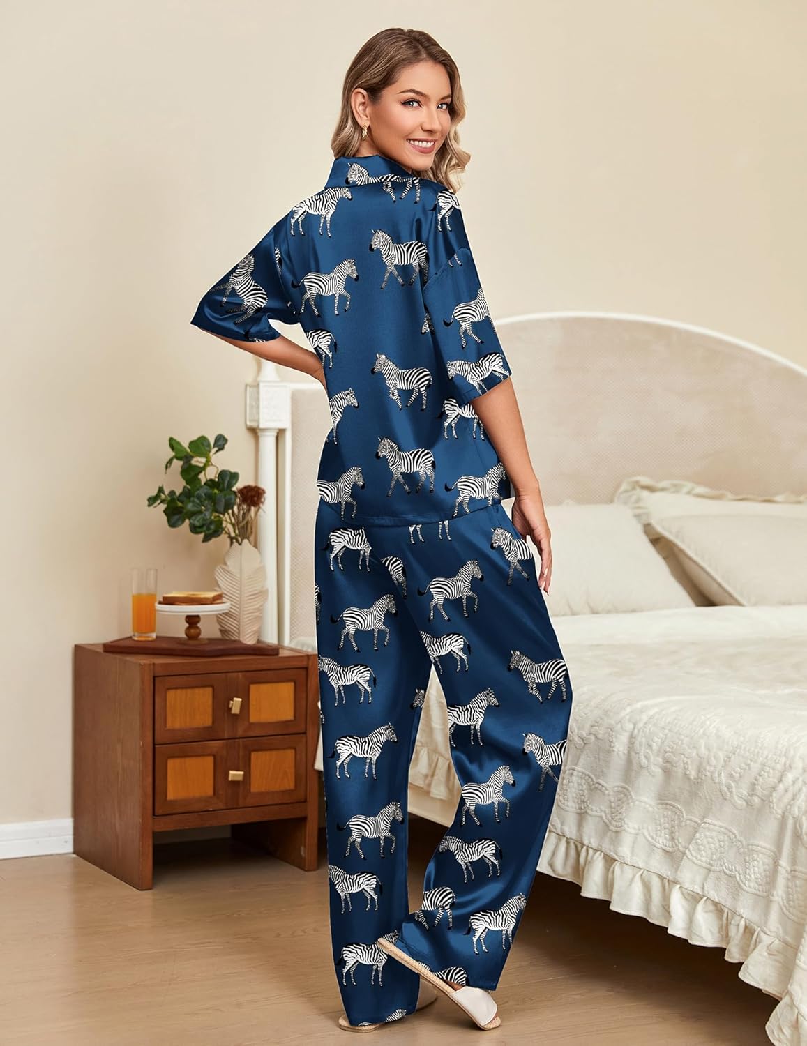 Ekouaer Silk Satin Pajamas Set Women Short Sleeve Pj Sets Sleepwear