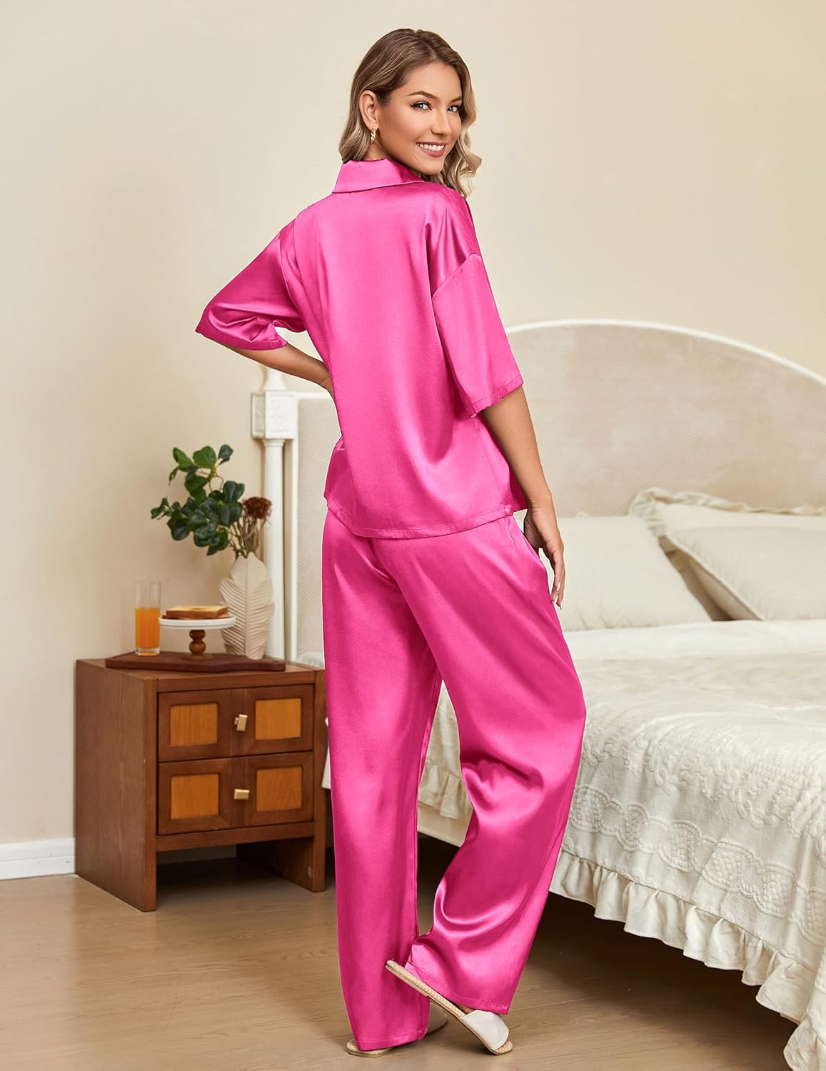 Ekouaer Silk Satin Pajamas Set Women Short Sleeve Pj Sets Sleepwear