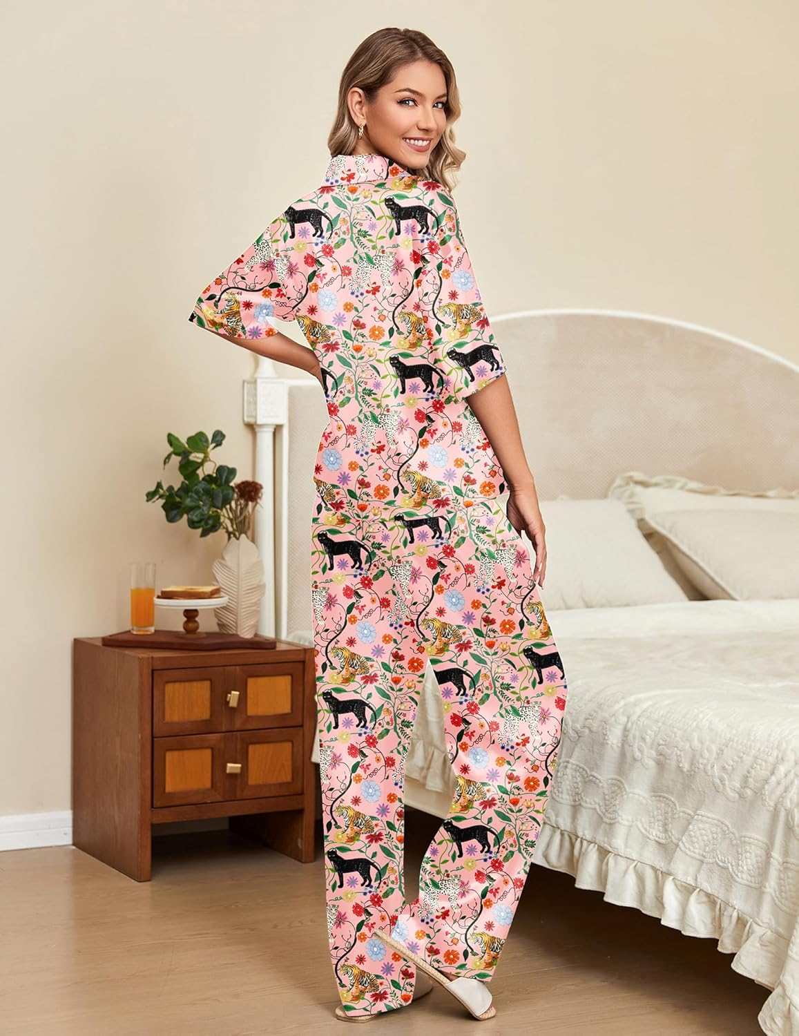 Ekouaer Silk Satin Pajamas Set Women Short Sleeve Pj Sets Sleepwear