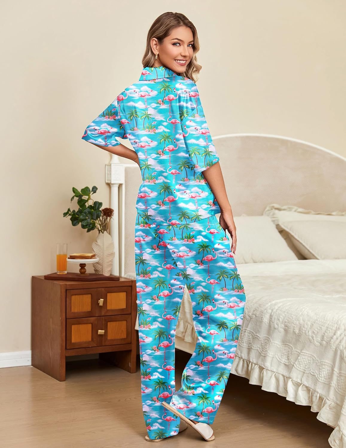 Ekouaer Silk Satin Pajamas Set Women Short Sleeve Pj Sets Sleepwear