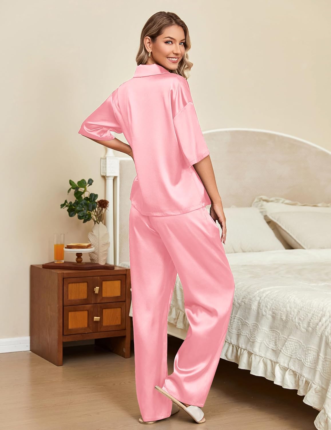 Ekouaer Silk Satin Pajamas Set Women Short Sleeve Pj Sets Sleepwear