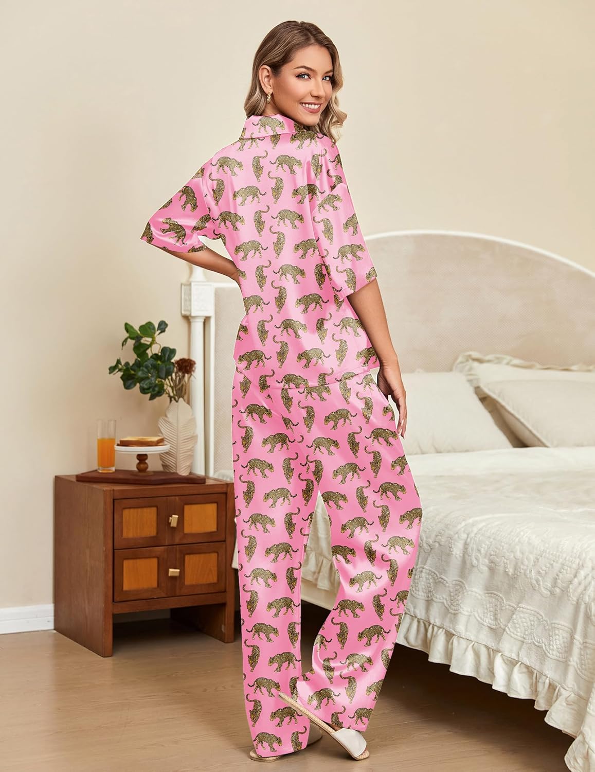 Ekouaer Silk Satin Pajamas Set Women Short Sleeve Pj Sets Sleepwear