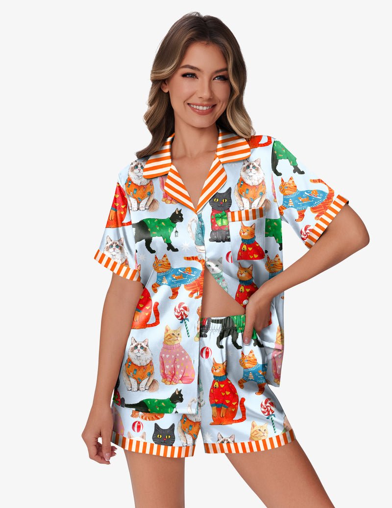 Satin-Teddy-Schlafset mit buntem Katzen- und Hundemotiv, orange gestreifter Kragen, 2-teilig