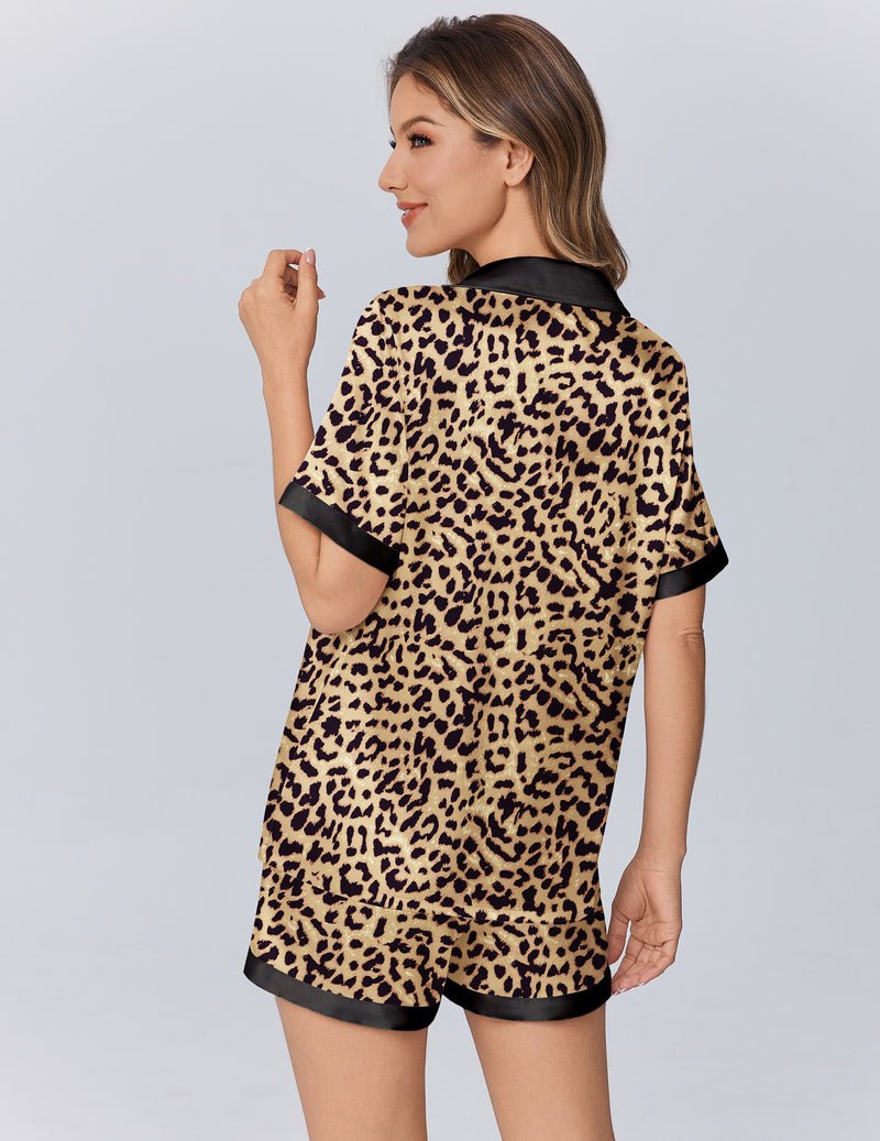 Leopardenprint Teddy-Shorty mit schwarzem Rückenkontrast und kurzen Hosen, 2-teilig