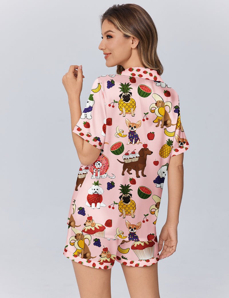 Rosa Tierprint Teddy-Shorty mit Rückansicht, kurzen Hosen, Saum mit roten Akzenten, 2-teilig