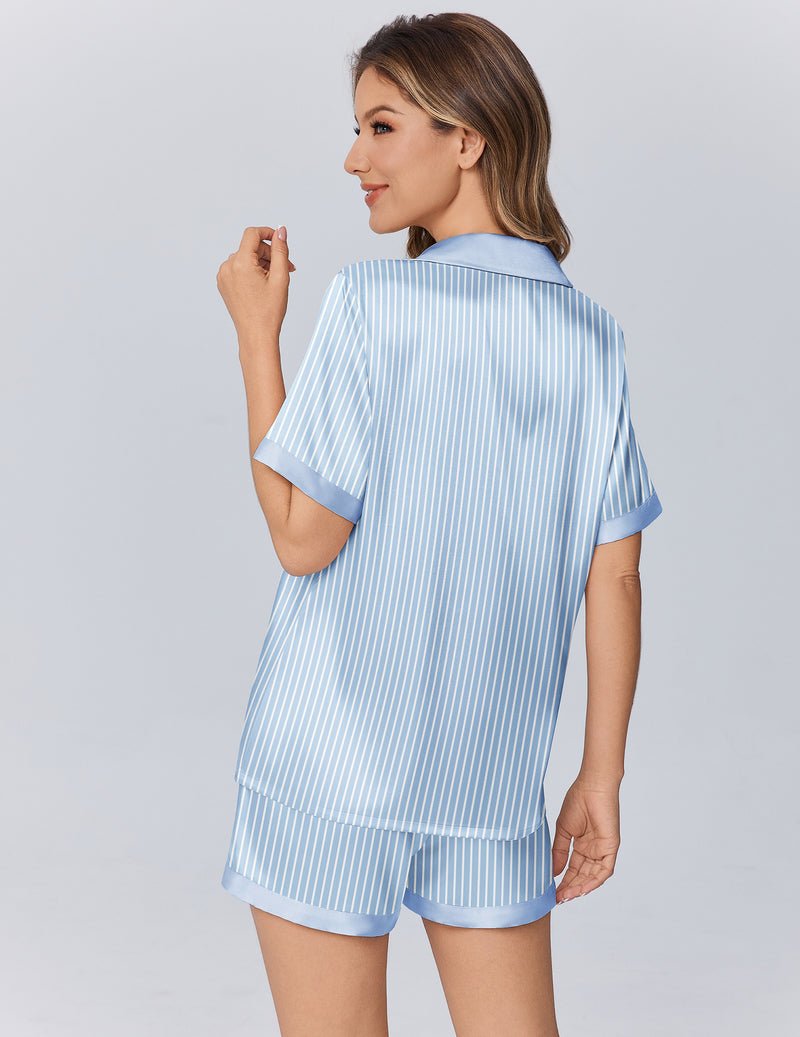 Blue striped pajama set, short-sleeve button shirt and matching striped shorts