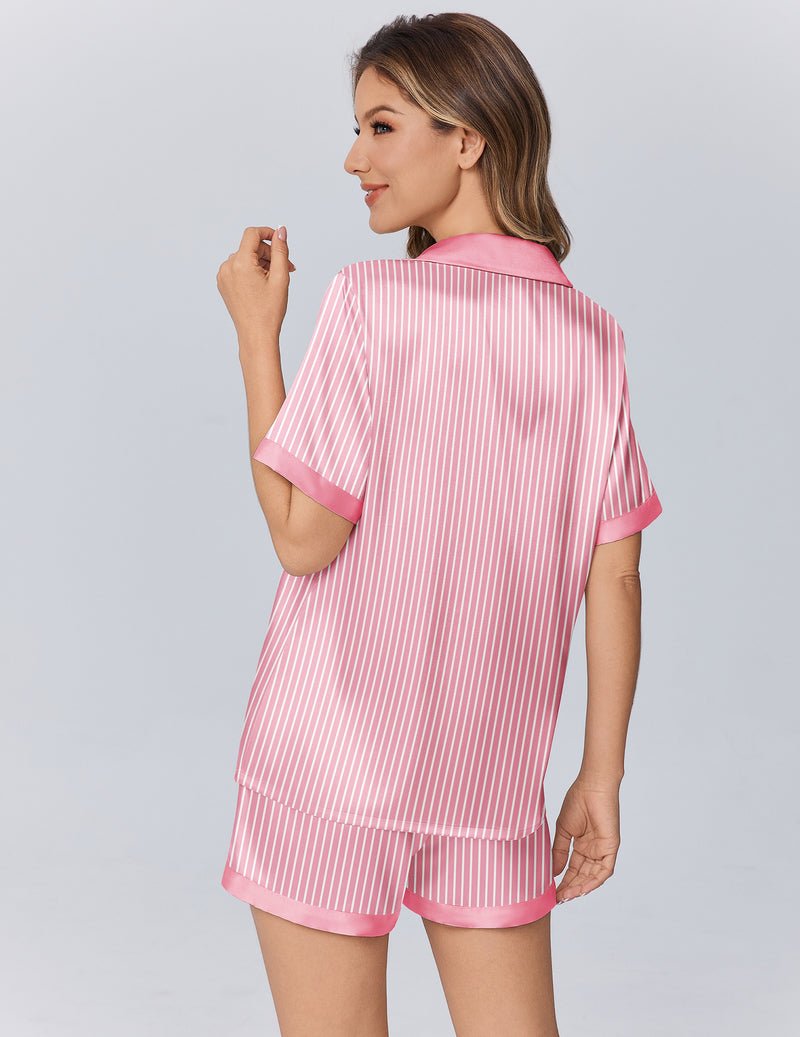 Pink striped pajama set back view, short-sleeve button shirt and matching shorts