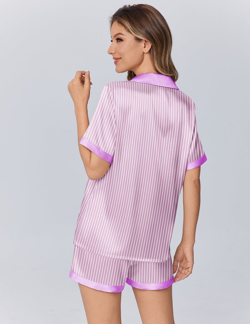 Lilac striped pajama set from the back view, button shirt with matching shorts