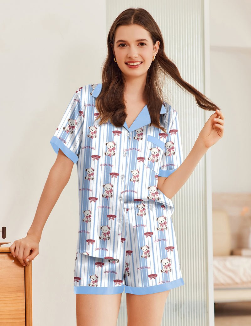 Pyjama Teddy bleu rayé, chemise boutonnée col cranté et short taille élastique