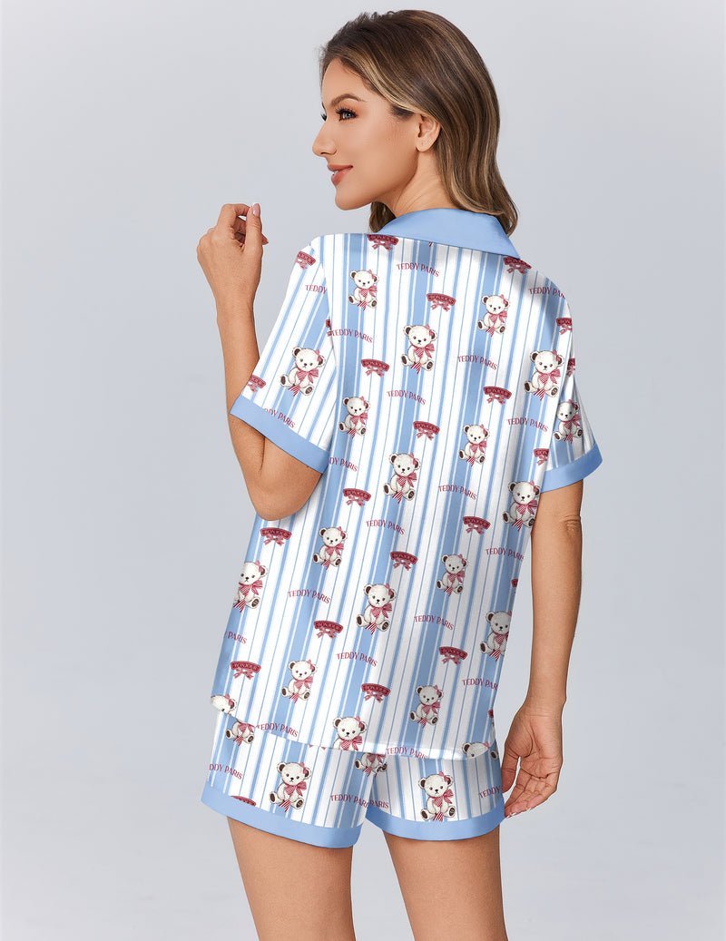 Pyjama Teddy bleu rayé, haut manches courtes au dos et short assorti